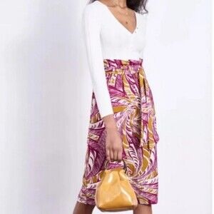 Purple Yellow Floral Printed Anthropologie Paperbag Tie-Waist Midi Skirt (NWT)